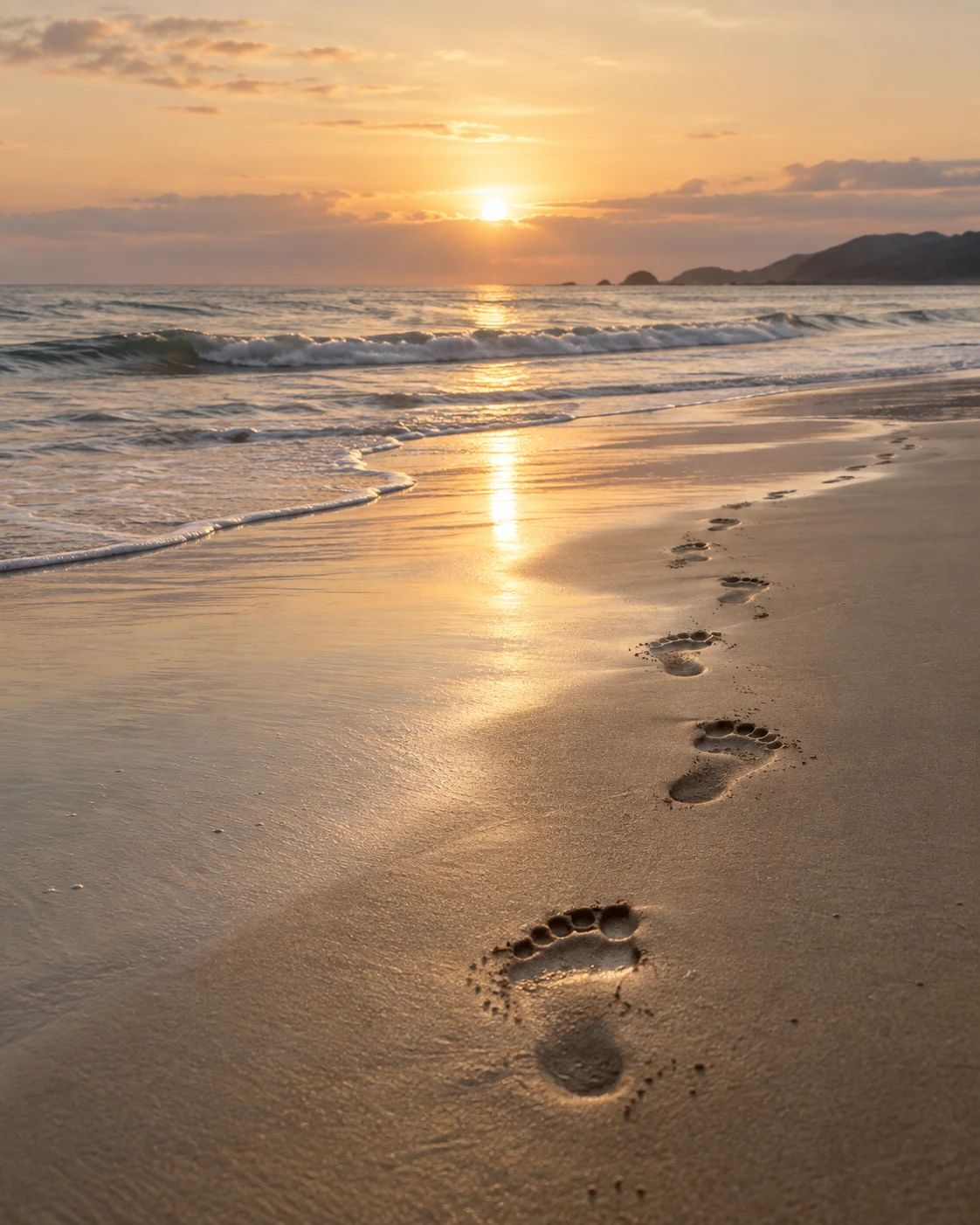 Footprints in the sand at sunrise