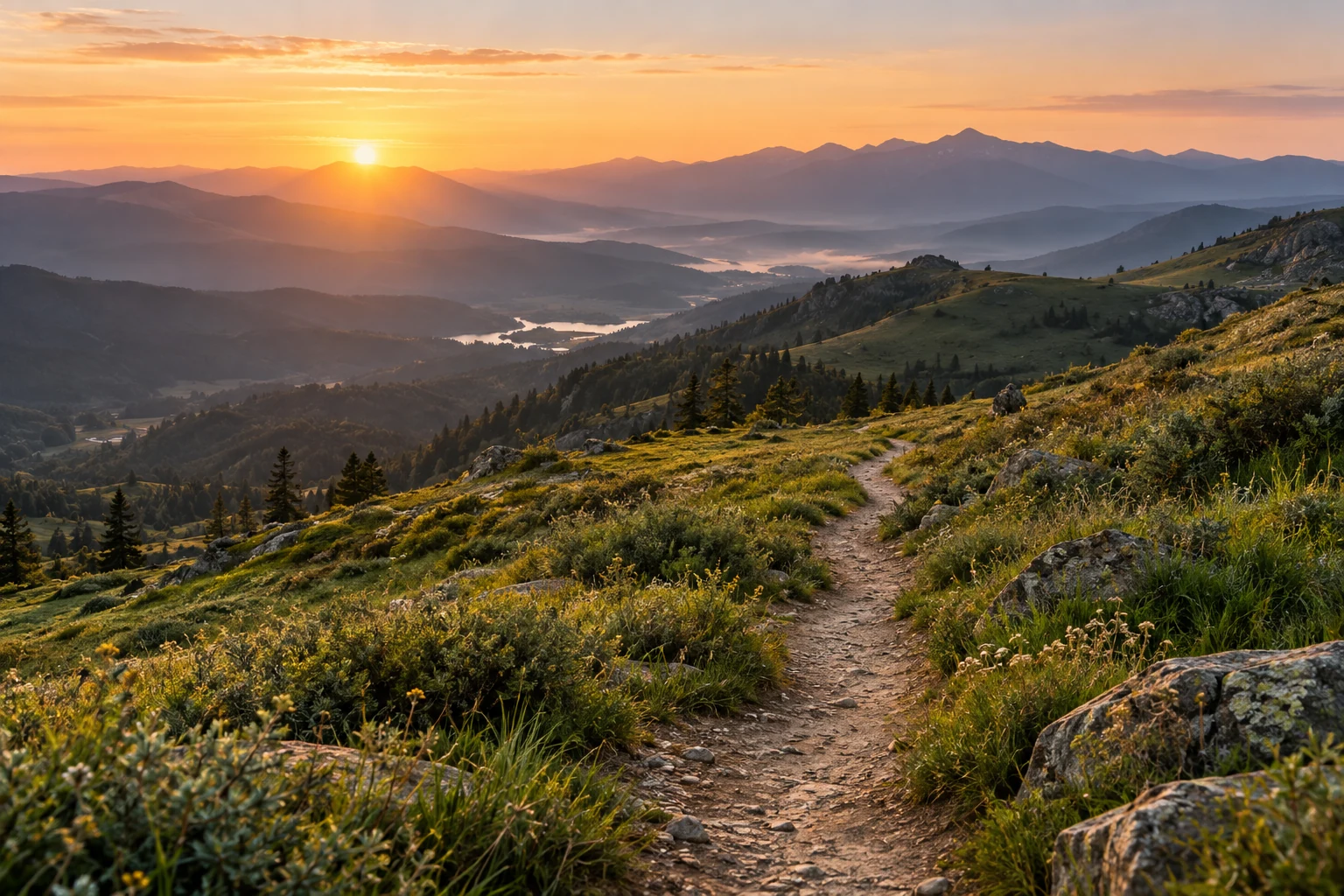 Winding mountain path at sunrise