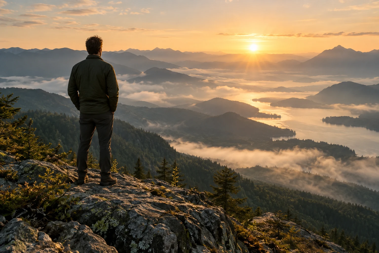 Person standing on a mountain summit at sunrise